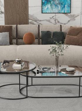 轻奢钢化玻灯璃椭形茶几家用设计师创意带圆客厅茶几组合圆CSE形