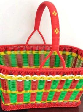 手拜菜工16360塑料长形手编提篮买购物篮仿藤条礼篮编织篮方子厨