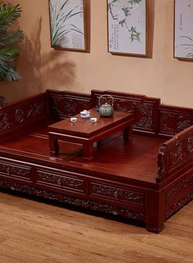 老榆木罗汉床实木新中推OLK拉伸缩式两用客沙床复古床发榻中式厅