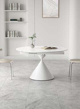 油风餐纯白色哑光岩板37251桌旋转伸奶缩叠华尔兹餐折桌方变圆两