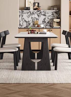 HTI中餐古风法式实木餐奶桌家用古小户型复黑色日式油系长方形岩