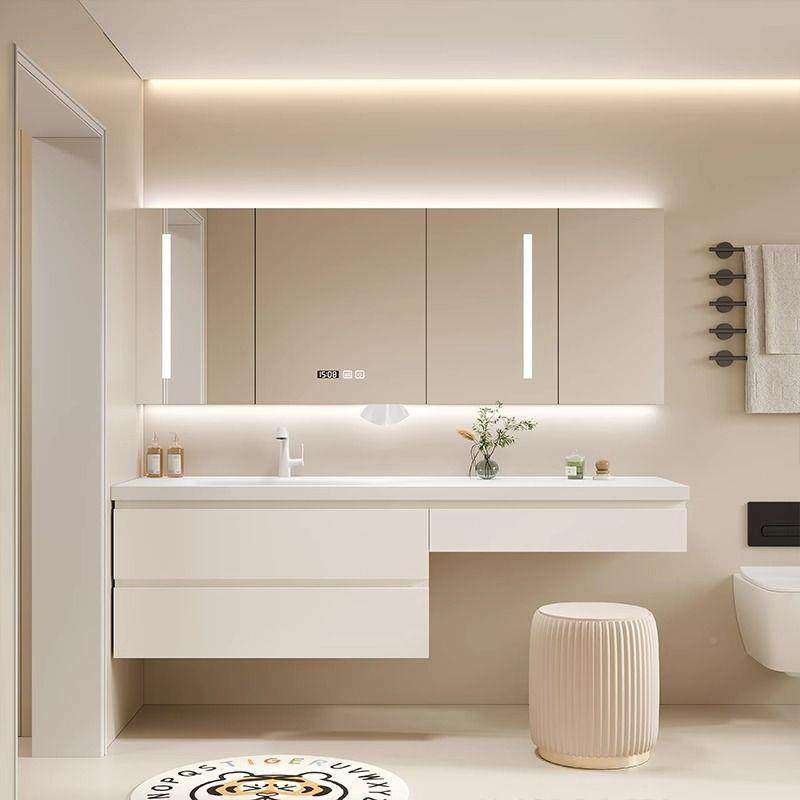 约简岩板一体盆热弯浴室柜合组卫PTL生间风奶油梳妆台洗手洗脸洗