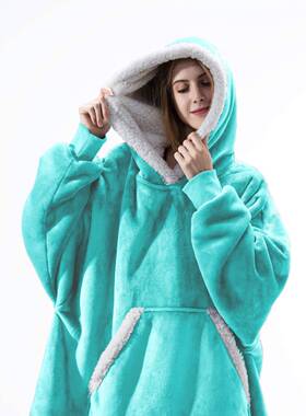 XEN新款法兰绒懒人家居连帽套头电视毯纯色毯舒适毯宽松毛可穿绒