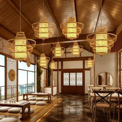 手新中式手工绘竹吊灯客146厅东南亚餐室厅茶茶编楼艺术竹艺装饰