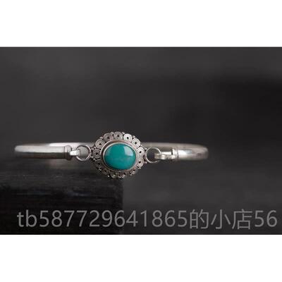 正品印度石尼泊手工尔925银饰品嵌镶绿松手镯女手环 开口覆古民族
