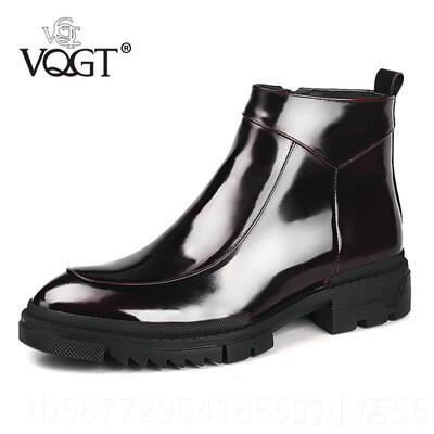 正品Vqgt男冬季皮靴用天鹅绒真皮靴漆男用短靴牛光皮高帮皮鞋皮厚