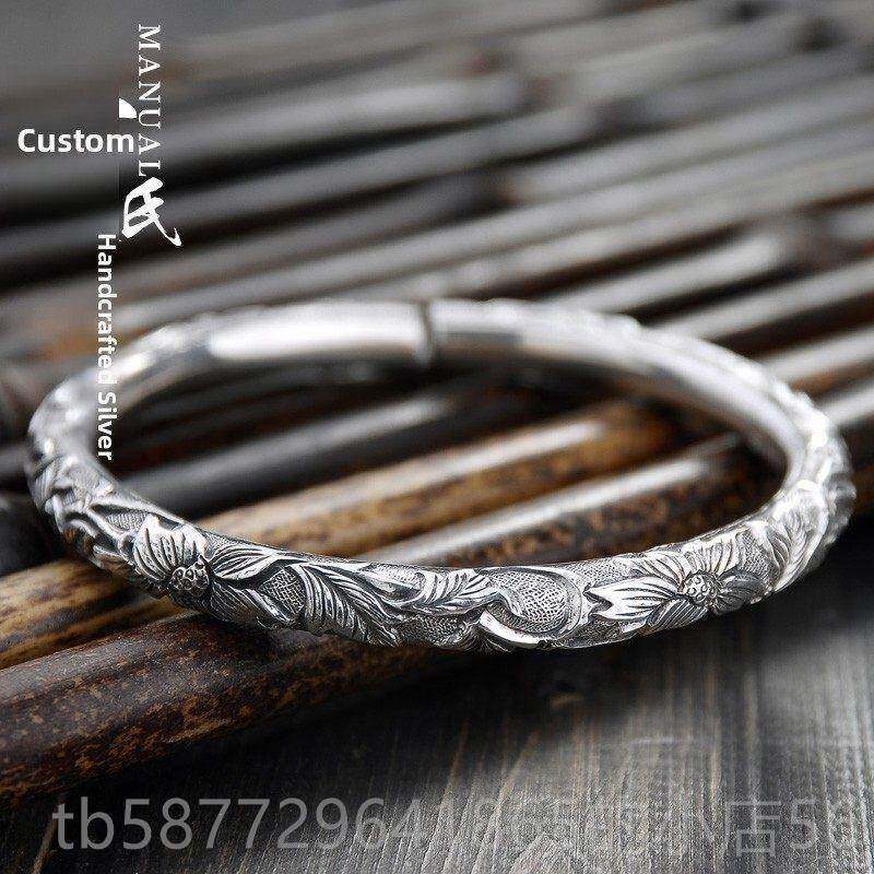 正品民柱族风99足银纯手工云南雪花圆满雕莲银镯银花个性女款纯银