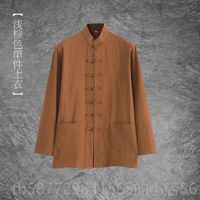 正品四季款棉麻长汉袖老年唐盘装中式套装覆古中扣立领中山装居士