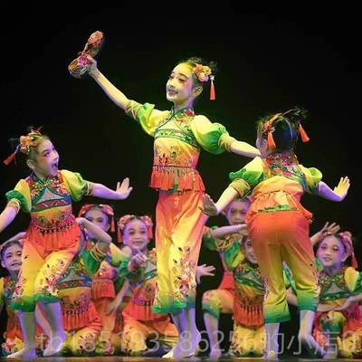 高档荷风采红的花花鞋儿童演出风服装中国元旦女红童喜庆舞小蹈服