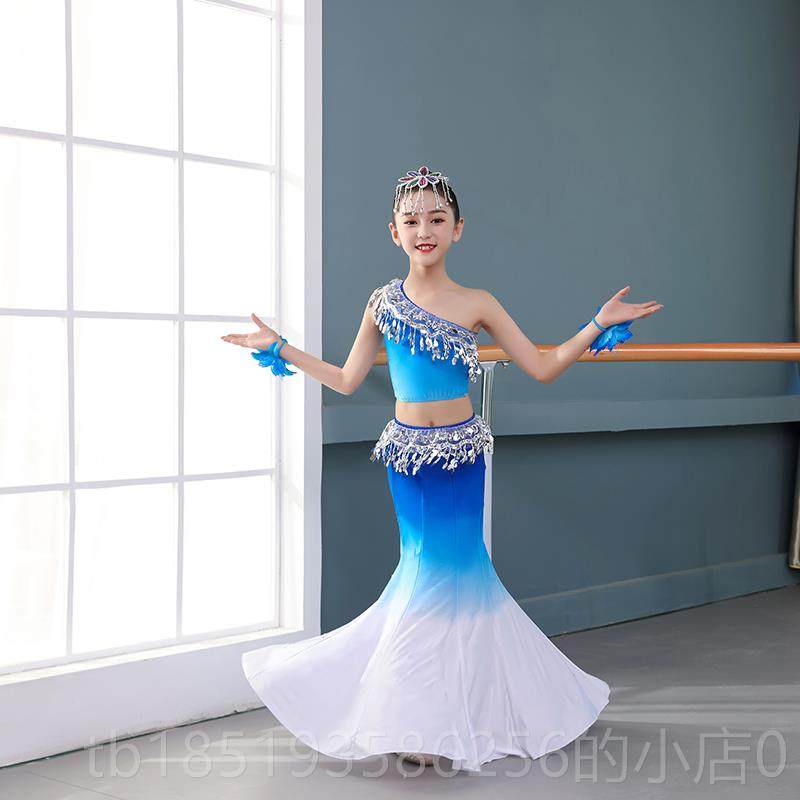 高档族舞蹈演傣出服女童儿童艺舞考练功裙包孔雀蹈表演服修身臀鱼