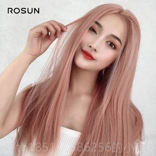 高档假发妇女的长直发中间部分没有刘季海烟熏粉玫瑰时尚高温丝绸