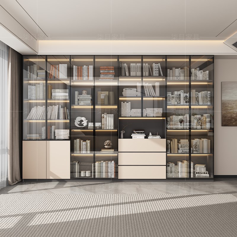 书柜家用带玻璃门客厅书房一体整墙现代简约定制大储量书架