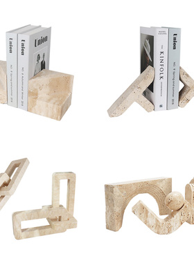 现代侘寂风黄色洞石套环几何链扣拱门摆件样板间大理石书挡装饰品