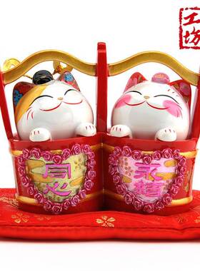 石工金坊摆永结同心子53572孙桶招财猫结婚礼品件树脂婚庆创意