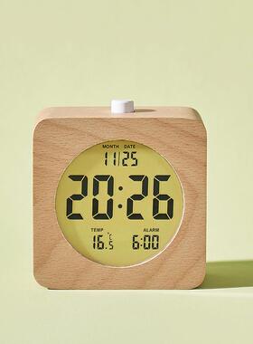 北欧风实木闹钟简约木钟头时多功0能LCD电子作钟手工制钟表221061