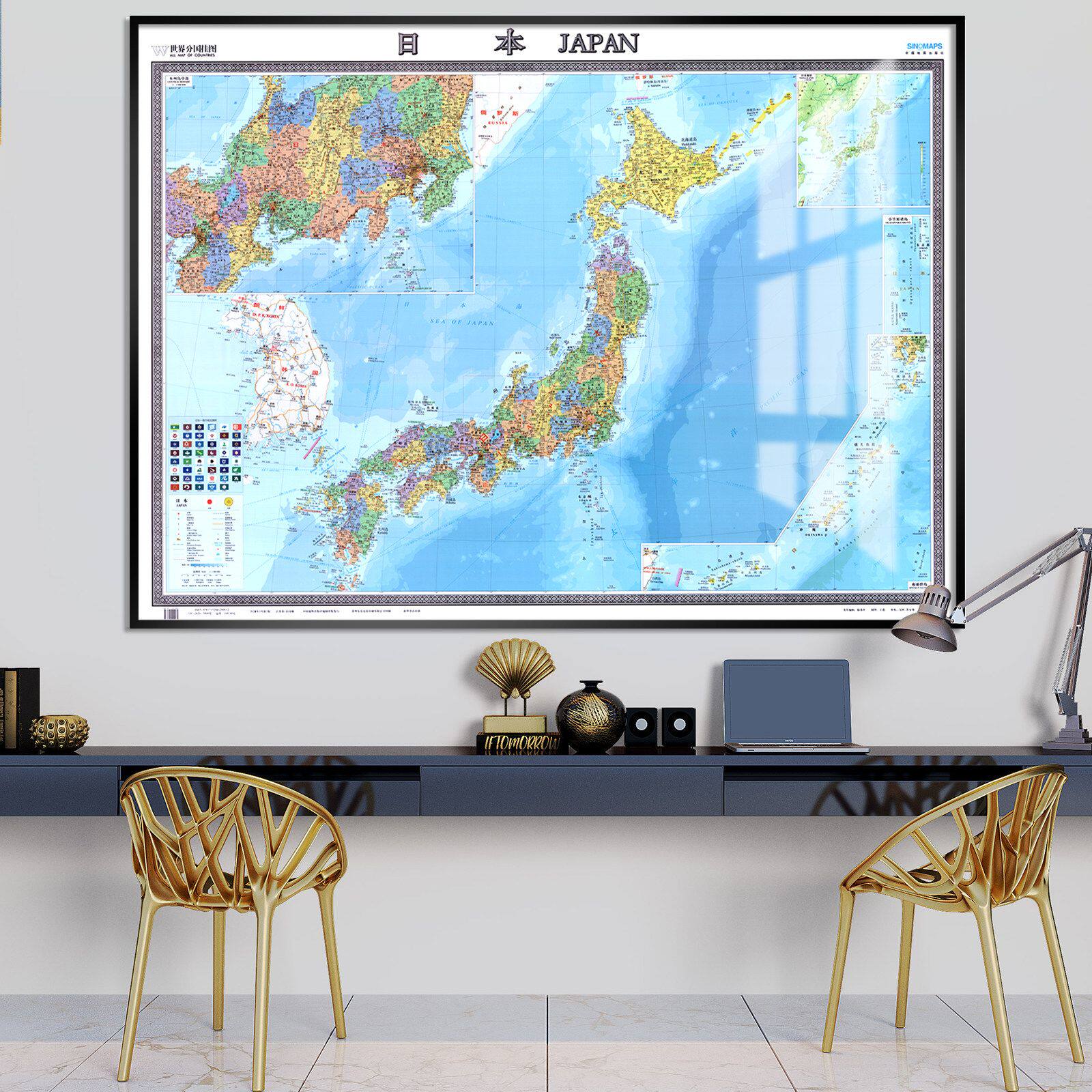中英文新版日本地图办公室装饰画公路铁路港口机场可磁吸标记挂画