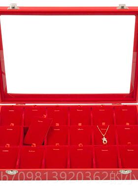 高档大红色首盒耳戒指格纹项炼手镯环耳环金银玉吊石饰坠胸针珠宝