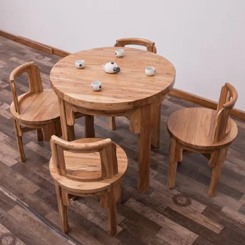 实木圆桌老榆木餐桌椅组合家用圆型桌中式饭店酒店餐馆小户型全套