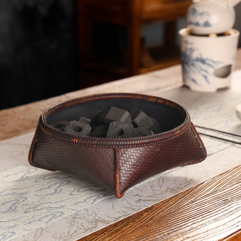纯手工竹编碳斗复古炭篓橄榄炭钵茶室木炭收纳筐炭笼煮茶炭炉配件