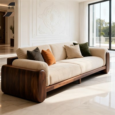 中古风北美黑胡桃木实木沙发客厅2025新款小户型极简覆古布艺沙发