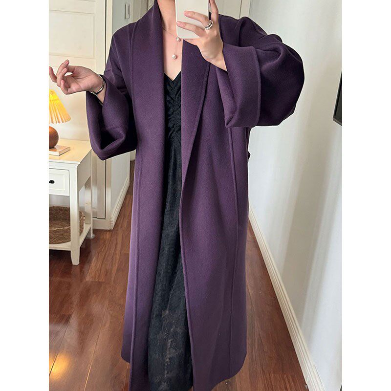 绵羊毛双面呢手工浴袍系带中长款大衣女装秋冬季新款韩版紫色外套