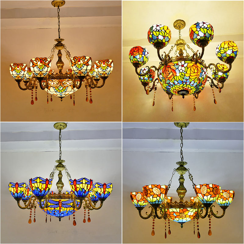 欧式田园复古蒂凡尼彩色玻璃客厅餐厅酒吧酒店咖啡厅多头水晶吊灯