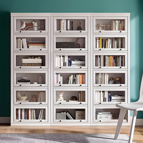 实木书柜储物柜一体整墙带玻璃柜门家用客厅落地儿童防尘置物书架