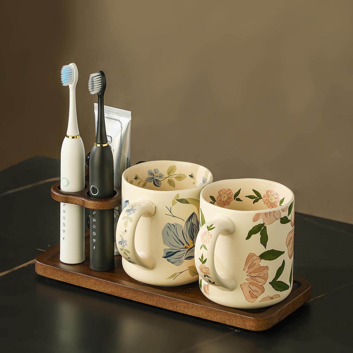 有趣的家中古风实木电动牙刷架卫生间牙刷置物架高级感漱口杯套装