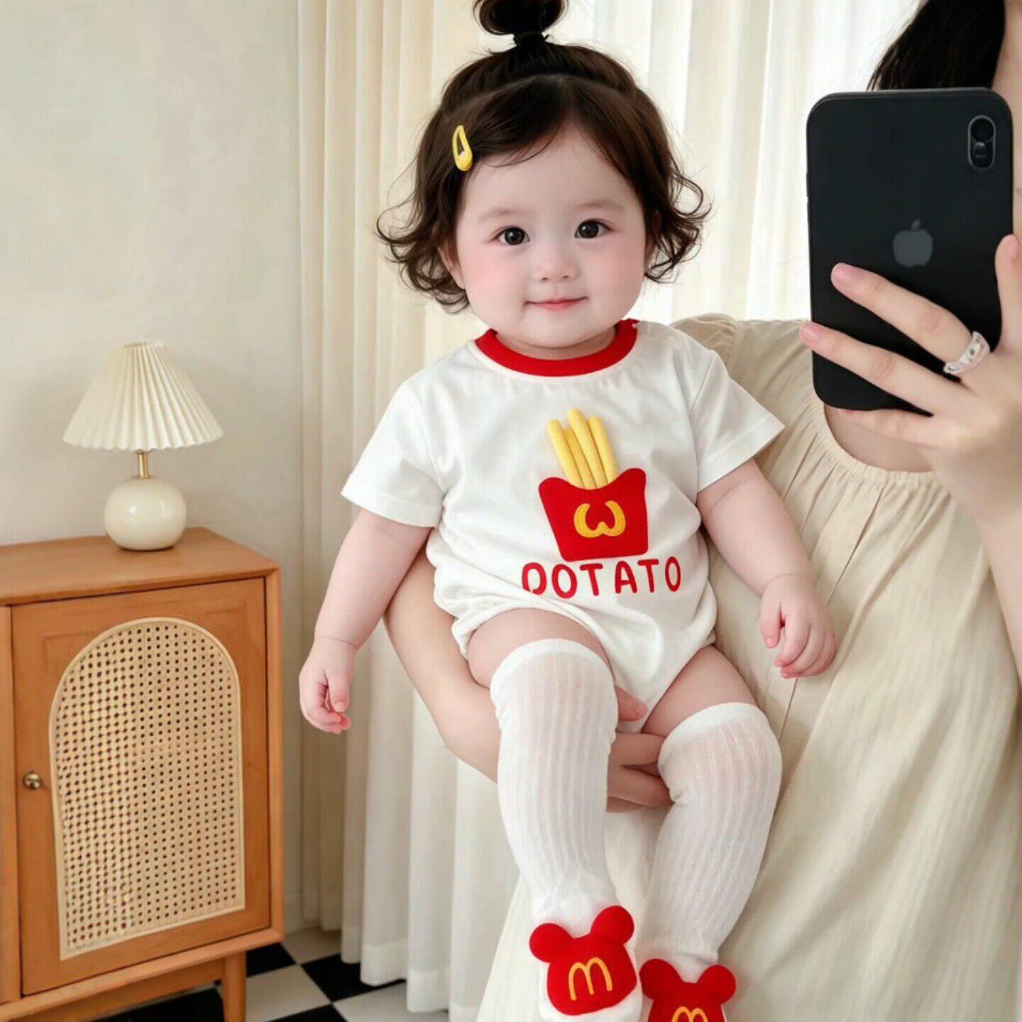 包屁衣女宝宝夏薄款可爱薯条婴儿短袖连身衣超萌百天爬服哈衣套装
