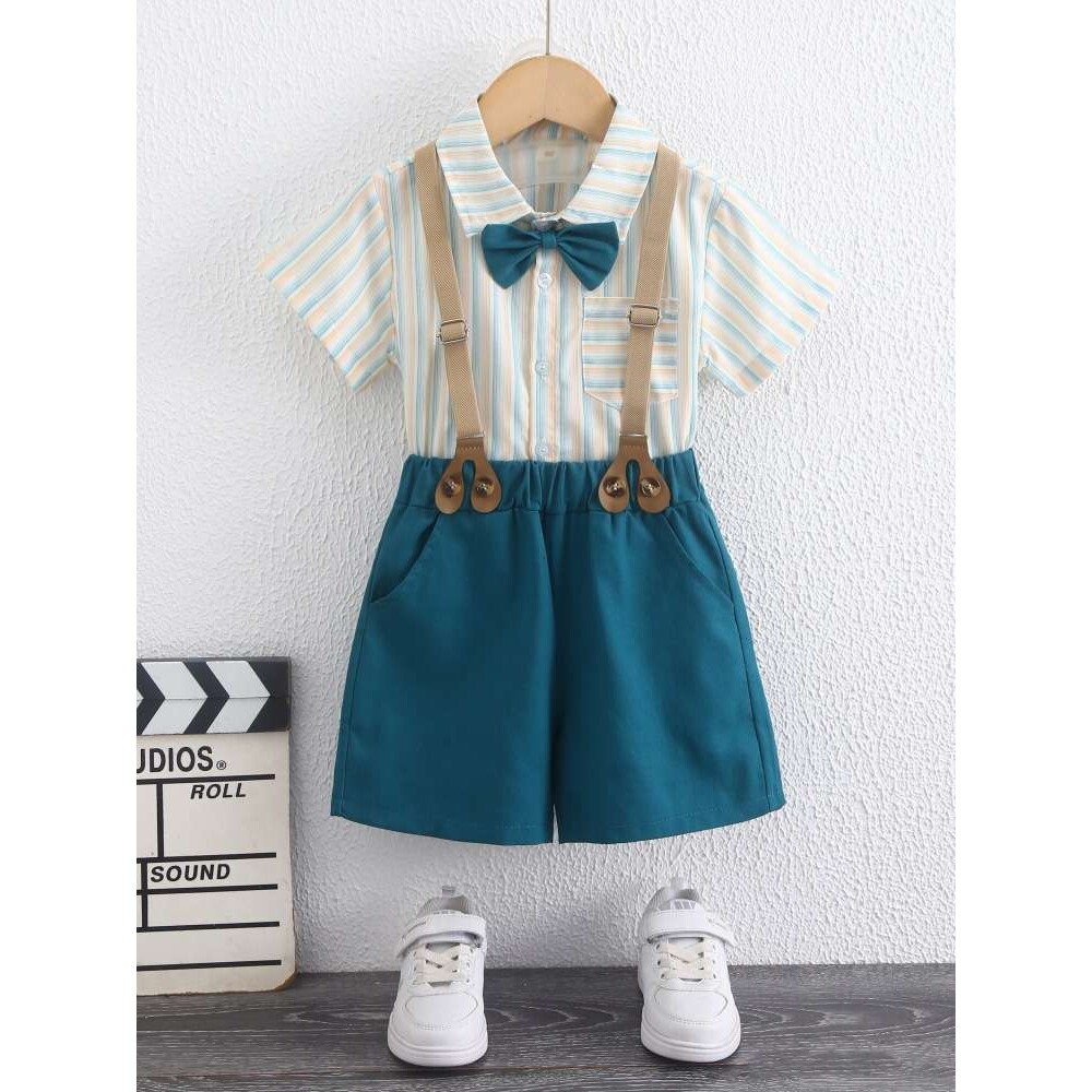 儿童西装套装夏季短袖衬衫背带裤男童周岁生日花童礼服主持演出服