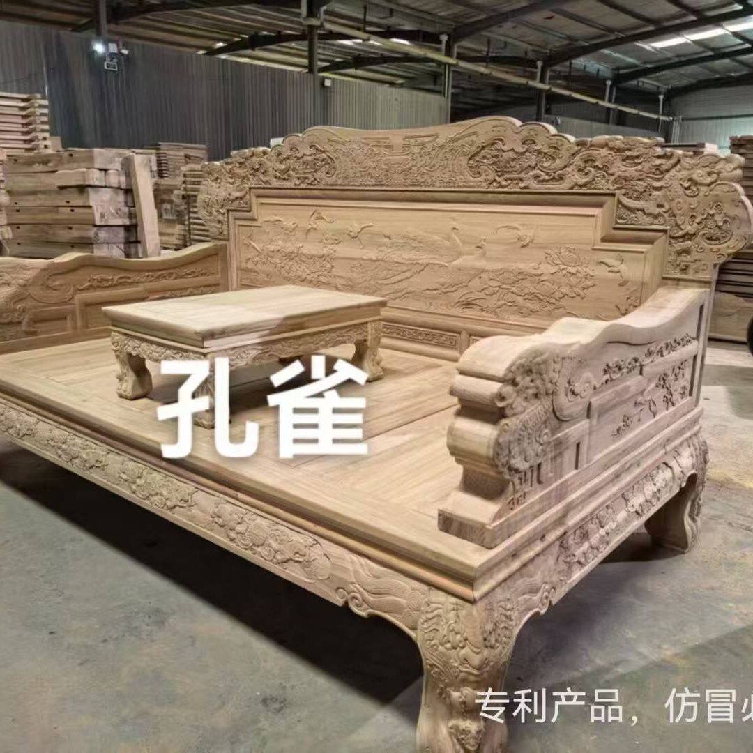新款老榆木实木中式雕花罗汉床加粗豪华罗汉床白胚白茬床榻贵妃塌