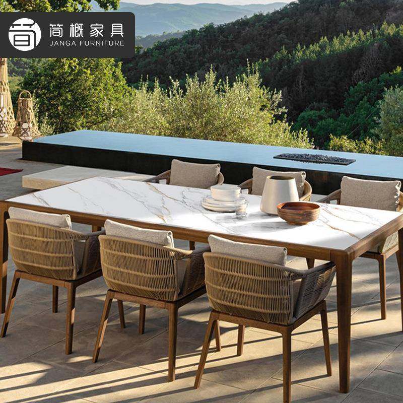 23-12-2户外编藤桌椅墅别庭院休闲藤椅简约花椅中式柚木岩板餐园