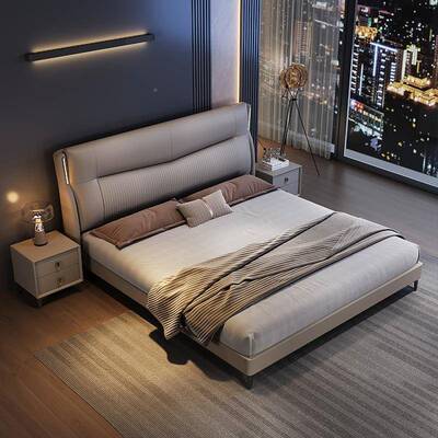 意式轻奢床主卧大床1QTA.5m皮感艺床1.8m人双床带应灯婚软包储物