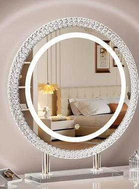 水晶亚镜克力圆形碎镜化妆带灯le式d台可FCW桌面卧室梳妆台智能旋