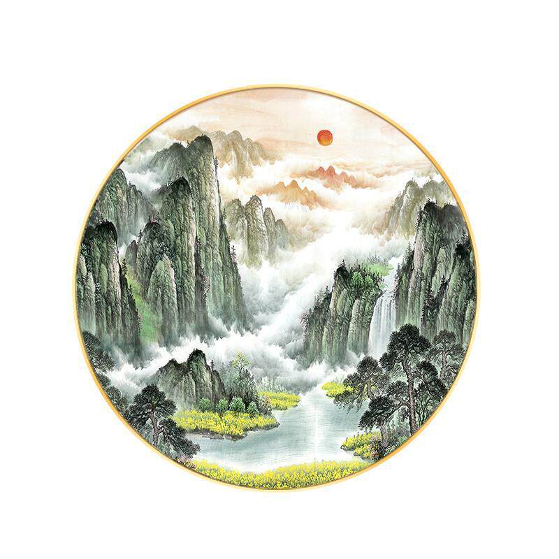 新画中式泰饰山日出圆形装画玄关走餐TVA厅挂背有廊靠山招财风水