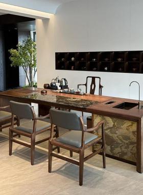 新中式茶台实黑木茶桌办公室GUY接待22烧5新款胡0桃木水壶一体嵌