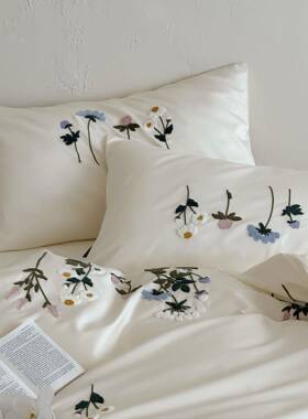 奶油KJO风立体毛S巾绣100长绒棉纯单棉四件全棉白色床被套床套上