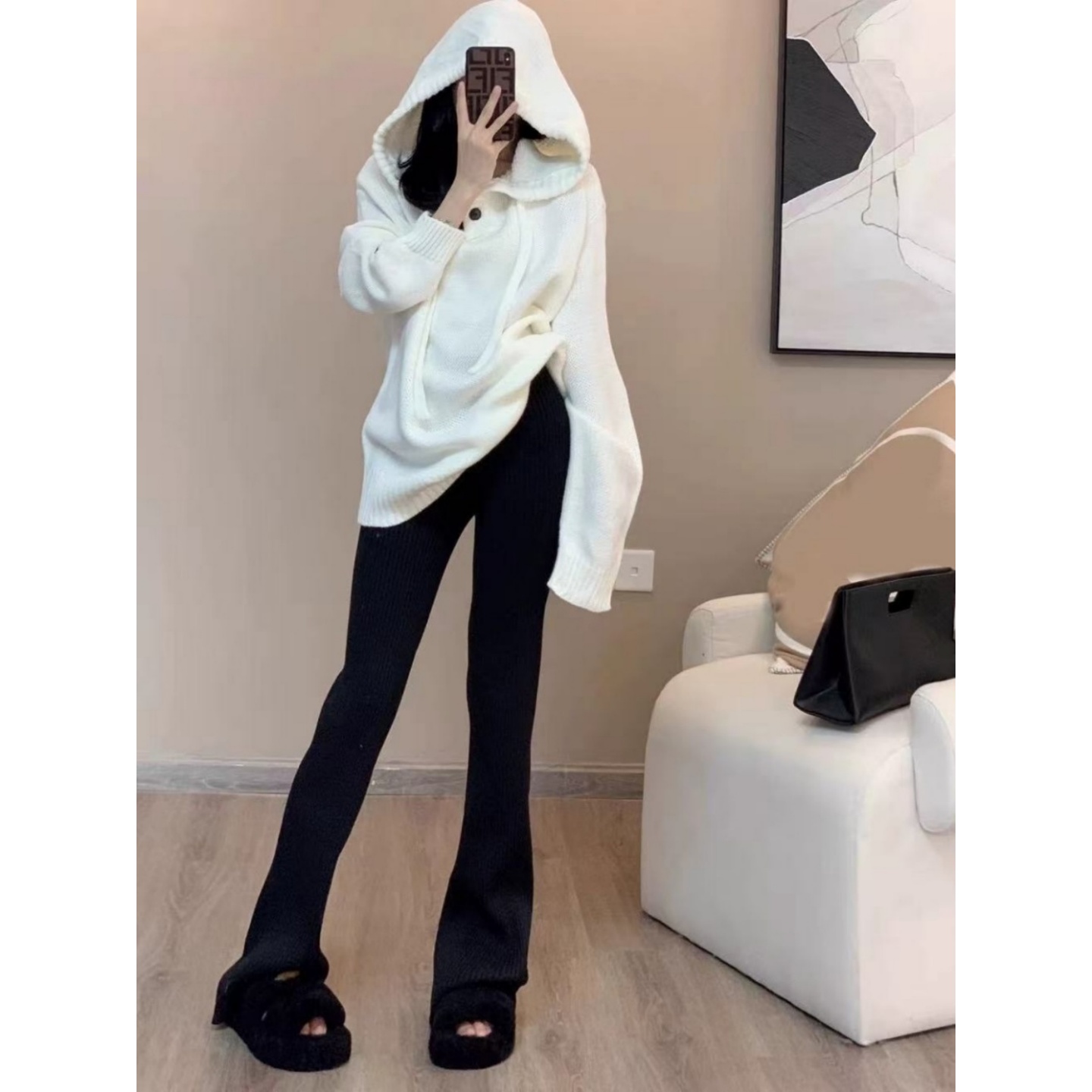 连帽针织衫上衣黑色百搭休闲裤子