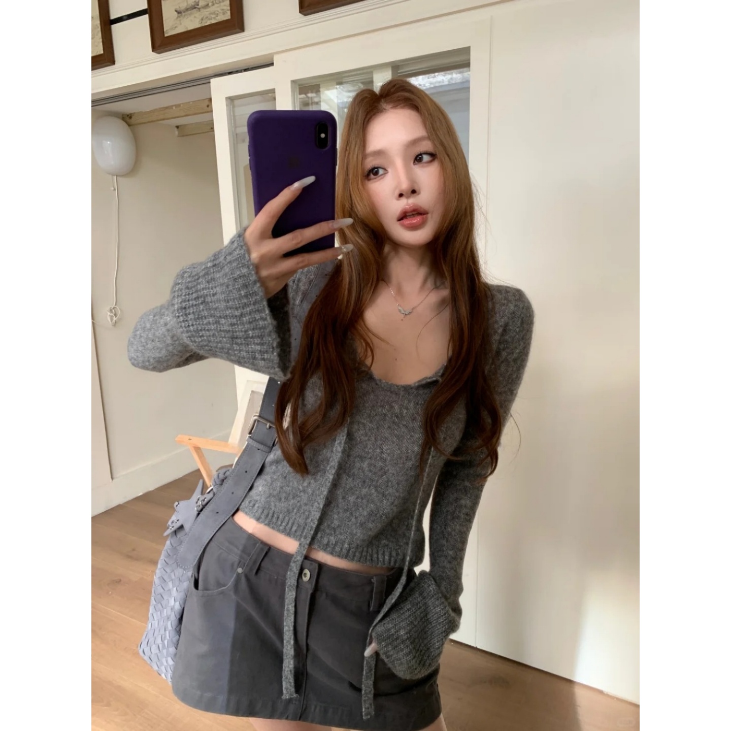 V领绑带长袖针织衫显瘦A字半身裙