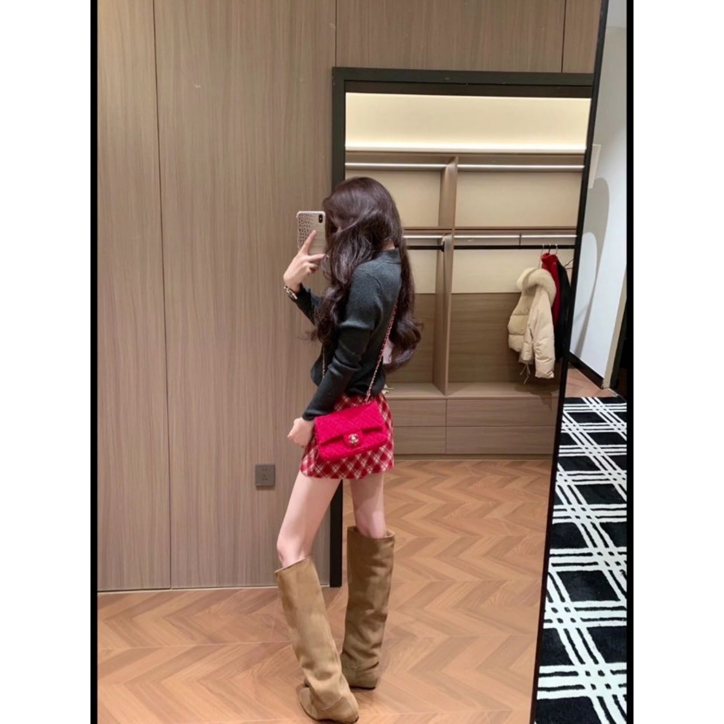 纽扣针织开衫上衣显瘦格纹半身裙