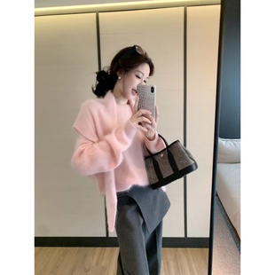 独特超好看冬装一整套甜美粉色圆领针织衫毛衣时尚披肩灰色休闲裤