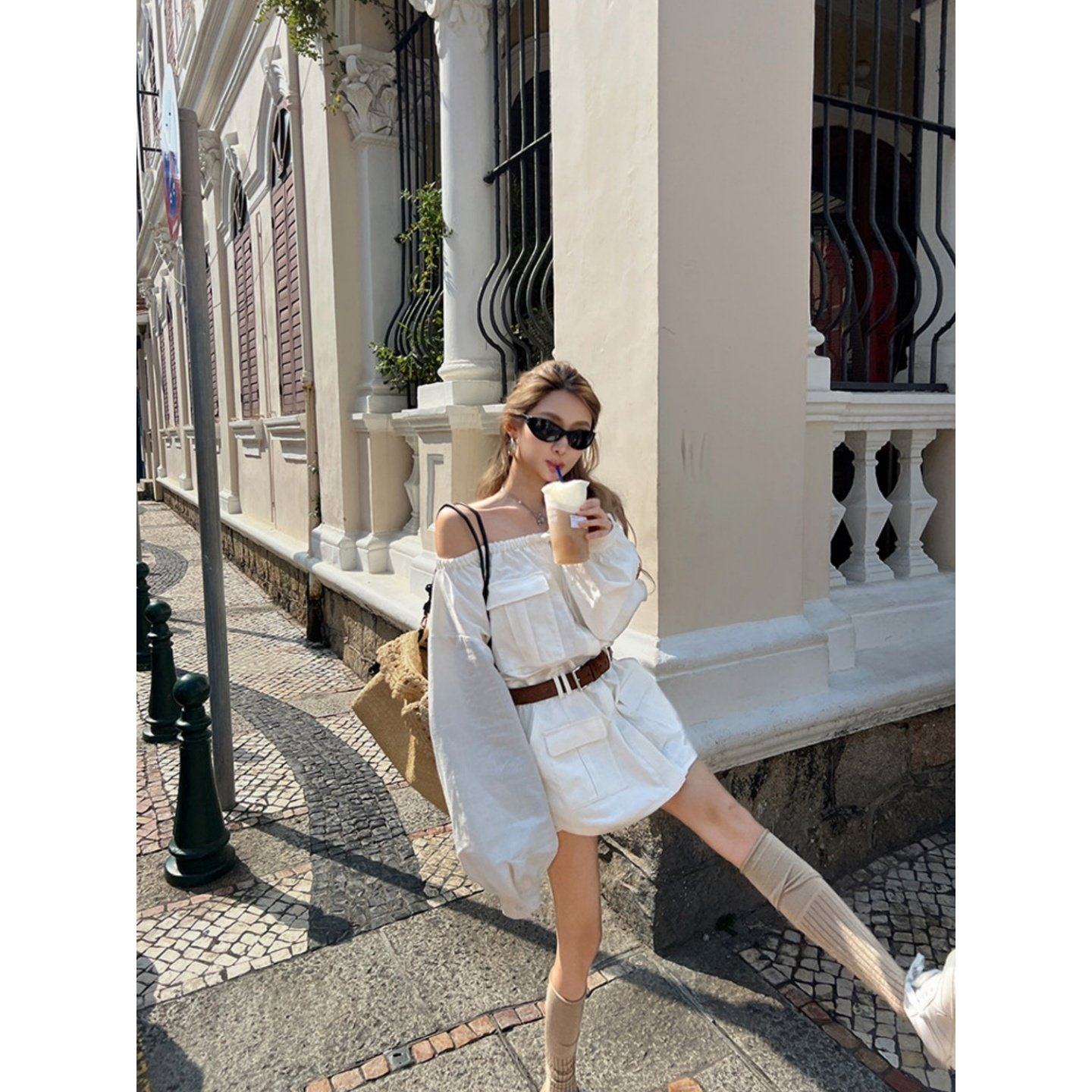 韩系洋气百搭一字肩长袖衬衫连衣裙2026春季新款显瘦收腰短裙子