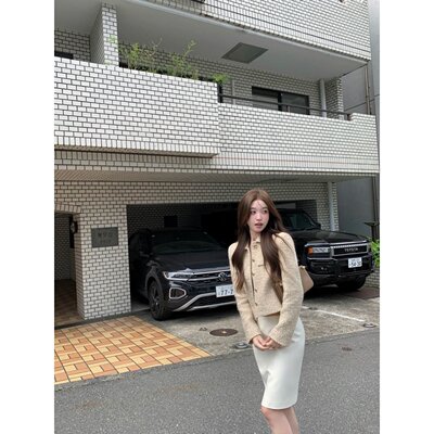 翻领开衫外套高腰显瘦开叉包臀裙