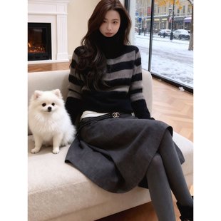 巨好看2026穿搭一整套韩系慵懒风条纹针织衫 毛衣高腰显瘦半身裙子