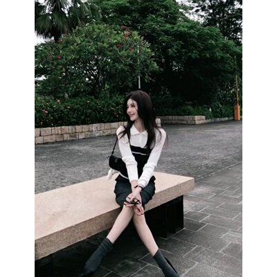 翻领长袖上衣高腰显瘦百搭短裙子