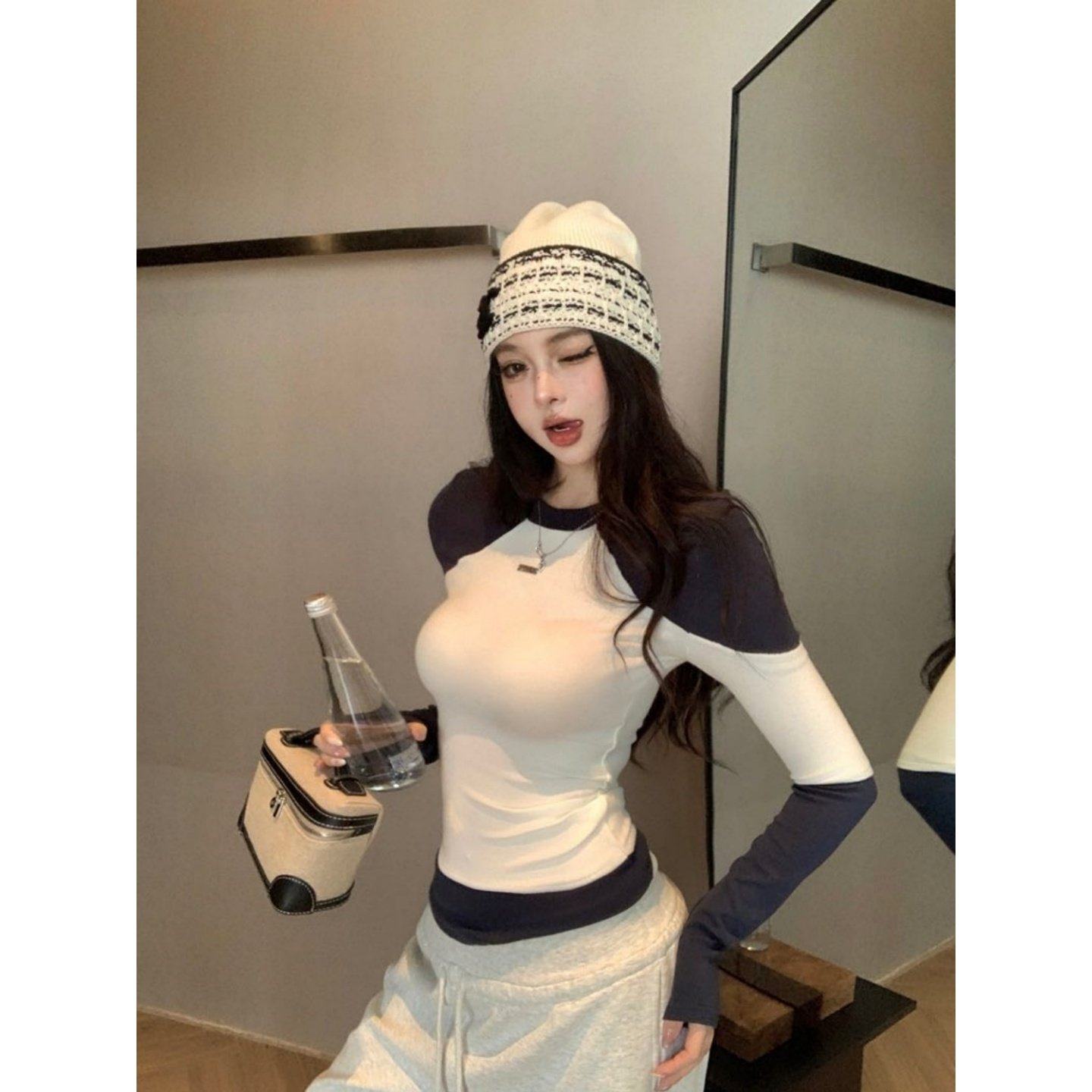 2026巨好看搭配一整套辣妹风打底圆领长袖上衣高腰显瘦阔腿长裤