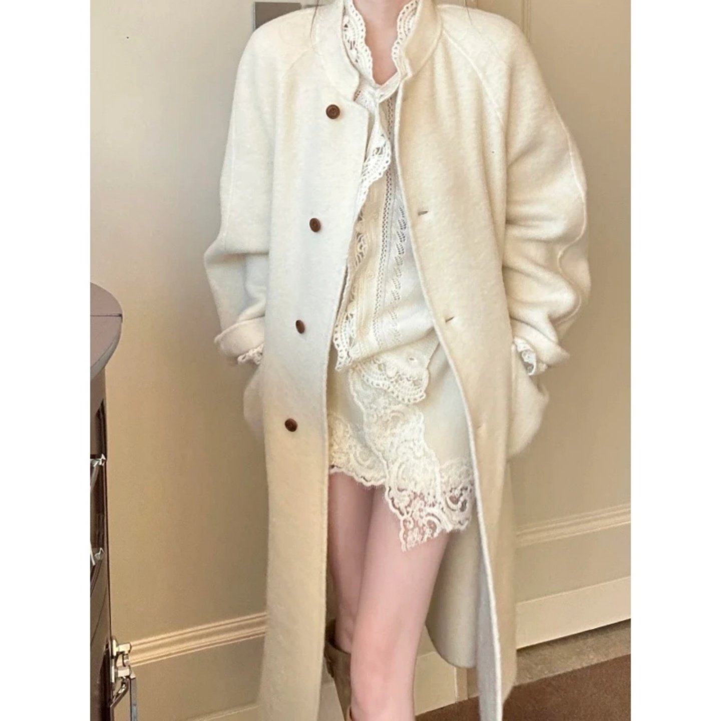 2026巨好看搭配一整套蕾丝拼接设计感针织开衫毛呢外套显瘦包臀裙