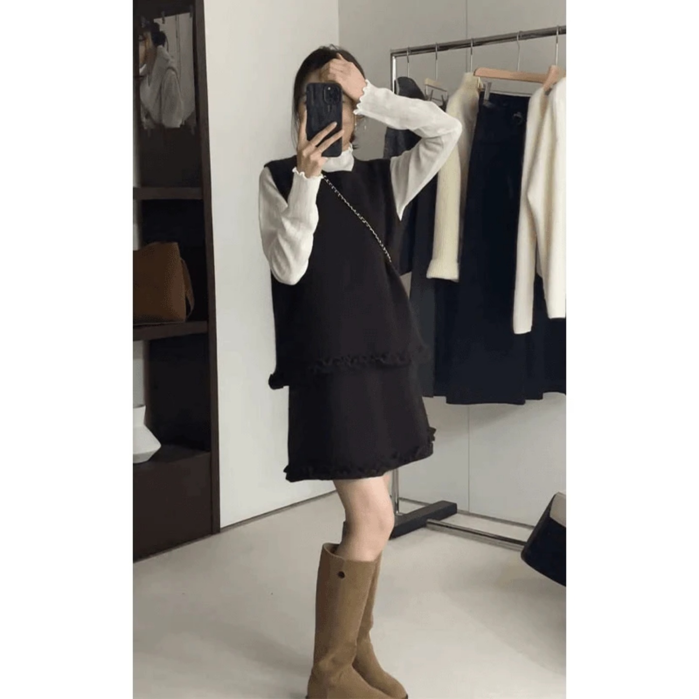 无袖马甲打底长袖上衣显瘦半身裙