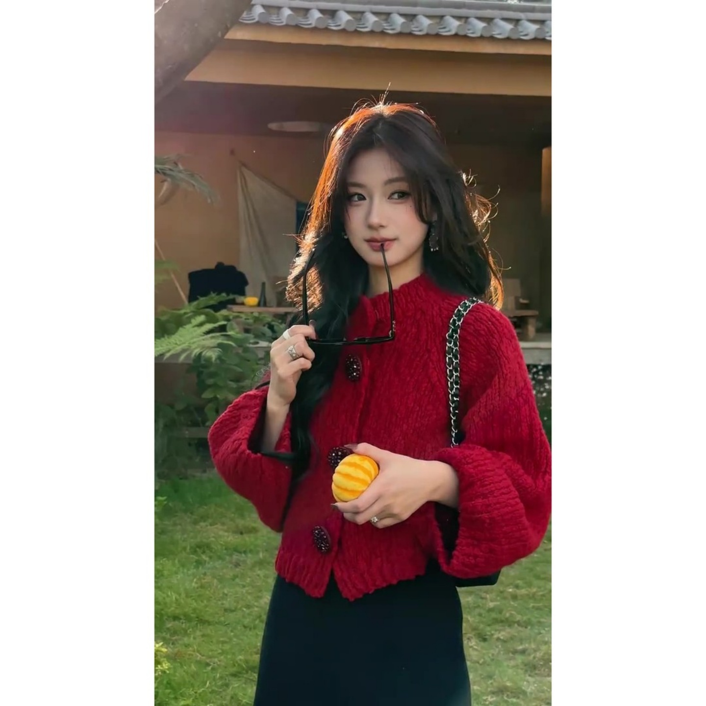 显白红色圆领针织衫毛衣显瘦半裙