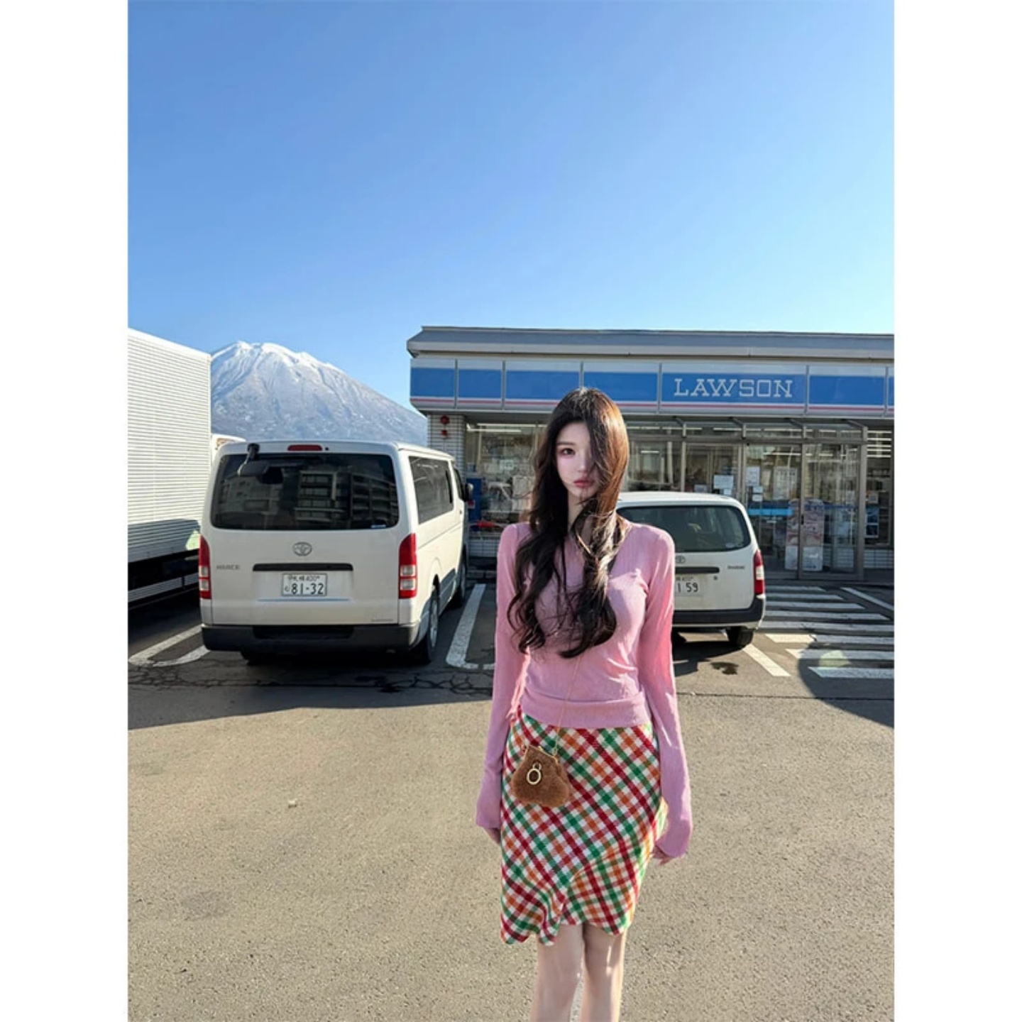 修身打底针织上衣显瘦格纹半身裙